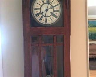 $125 Old oak clock with enamel dial and pendulum.  As is.  Needs complete restoration.  28"x12"x7"