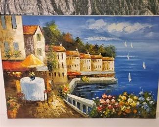 Oil Painting of Dinner Setting On Sea Side. Signed