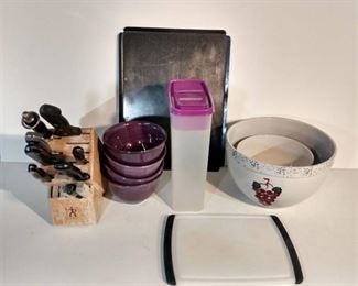 Lot of Kitchenware. Bowls, Cutting Board, Knife block and More.