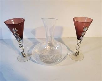 Lot of 3. 1 Decanter and 2 Pink Glasses