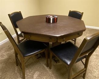 44" vintage vinyl top poker/card table with swivel drawers; 4 chairs;  $100