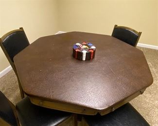 44" vintage vinyl top poker/card table with swivel drawers; 4 chairs;  $00
