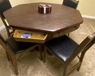 44" vintage vinyl top poker/card table with swivel drawers; 4 chairs;  $100