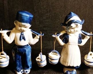 Vintage Blue and White Dutch Boy and Girl Water Carriers