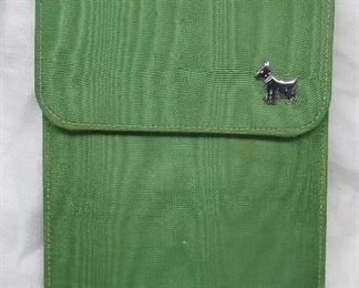 A set of vintage folding hangers with a vinyl case.  Marked "WAKE ENGLISH". 