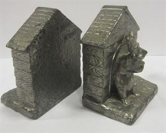 Pair of vintage white metal bookends - each in the form of a dog house with two Scottie dogs.  3 7/8" tall.  Unsigned
