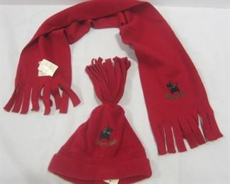 Vintage 100% polyester red felt hat and scarf, made in the U.K. Each as a Scottie dog figure and is embroidered SCOTLAND. 
