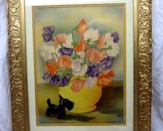 Willy Schermelé still life print image of a Scottie Dog figure before a vase of flowers.  Framed under glass. Frame size is 16.5" x 13.5".  Some nicks in the plaster

Wilhelmina Schermelé. (4 August 1904 - 29 March 1995, The Netherlands) Met z'n Drieën (Stuiversblad 10/3/1935) Willy Schermelé was mainly an illustrator and writer of children's books. She became an illustrator for the daily De Telegraaf in 1928, where she madefashion drawings for the women's pages and later illustrations and tales for the children's pages.