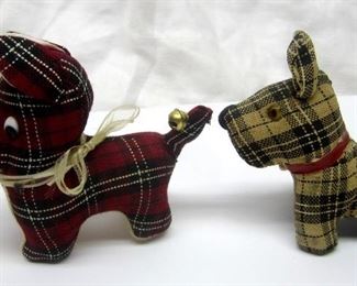 Two Vintage Japanese little stuffed animal Scottie dogs.  On with Handmade Softoys label.  Brown one is unsigned.  3.5" tall.    

