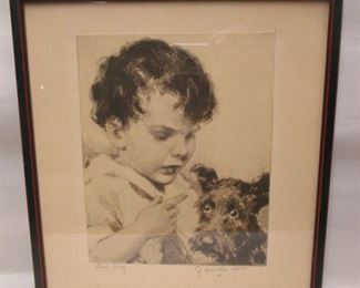 J. Knowles Hare etching of a boy and Scottie Dog.  Titled Bad Dog. Framed under glass. Image is 8.25" x 6.5"
