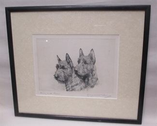 Marguerite Kimse etching of two Scottie dogs, titled Darby and Joan.  Framed and matted under glass. Image area 8 1/4" x 5 7/8"
