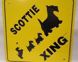 A contemporary decorative Scottie crossing sign.  Copyright 1986 NOBLE BEASTS GRAPHISX.   12"x12".  Some wear spots and a scratch

