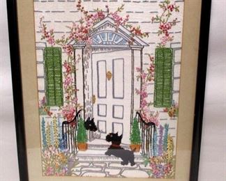 Vintage framed and matted embroidery of a front porch with two Scottie dogs.  Under glass.  Show area is 11.5" x 8.75"
