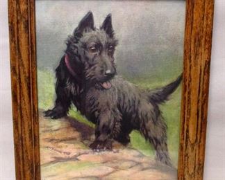 Framed litho of a Scottie dog in solid oak frame.  Under glass.  Frame is 14.5" x 11.5"

Fannie Moody (British, 1861-1948) was born in England in 1861, and was the daughter of the British genre & animal painter, Francis Wollaston Moody (British, 1824-1886), who was also an instructor in decorative art at the South Kensington Museum. She is primarily known for her dog paintings, sketches & portraits, various other animal scenes to include playful & humorous animal behavior, as well as miniature dog portraits on ivory