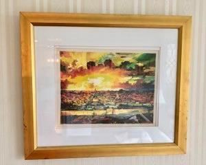 57. Framed Lithograph of City at Sunset by Bat Fluva 31/300 (28" x 24")