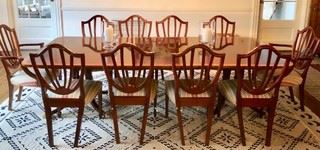 6a. Baker Mahogany Double Pedestal Dining Table w/ Inlaid Border and 3 18" Leaves (70" x 46" x 29"). 6b. Baker Mahogany Dining Chairs (2 arm-8 side)
