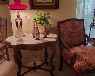 Antique Victorian, marble top Lamp Table with antique Pigeon Blood Lamp