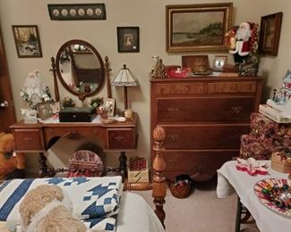 ANTIQUE TRESTLE BASE VANITY DRESSER & MIRROR with MATCHING ANTIQUE CHEST of DRAWERS