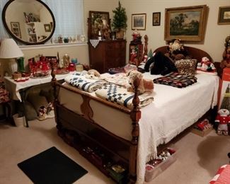 ANTIQUE 4-POSTER FULL SIZE BED...ANTIQUE TIGER OAK CHEST OF DRAWERS & MIRROR