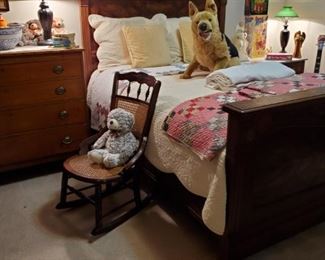 Wonderful 1800's golden oak FULL SIZE Bed...Antique Cane Rocker...Old Quilts