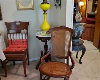 Antique Cane Rocker....Yellow parlor Lamp