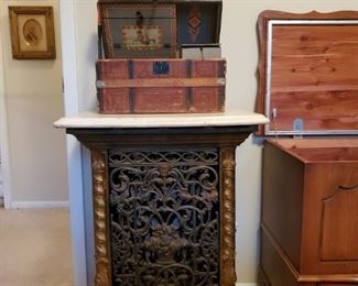 ANTIQUE Iron Furnace and ANTIQUE Table Top Trunk