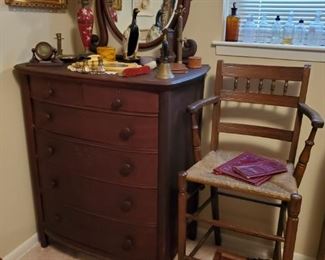 Antique Chest of Drawers with Mirror...1 of 2 Antique tall, rush seat Chairs