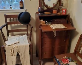 Antique Chest of Drawers with Mirror...2 of 2 Antique tall, rush seat Chairs