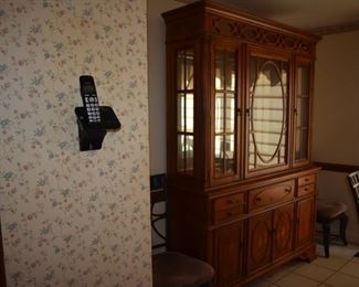 Gorgeous China Display Cabinet withUpper Mirrored and Lighted Display Cabinet with Accent Trim and Buffet Style Bottom with Inlaid Wood in the Sheraton Style with 5 Serving Drawers and 4 lower Cabinet Doors