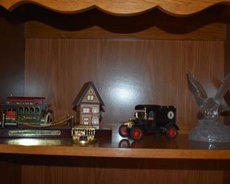 Collectible San Francisco Cable Car Music Box, Vintage Toy Telephone Truck, and Art Glass American Eagle