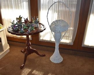 Collectible Furniture and Birds. Wicker Flower Basket, Antique Pie Crust Edged Table with Snake Style Feet and Porcelain Birds