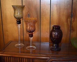 Lovely Art Glass Candle Holders with Twist Rope Stems and Hand Blown Globes also Ruby Glass Eagle Vase