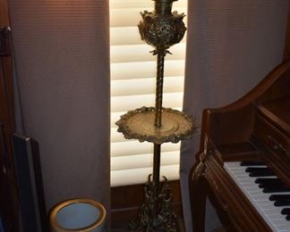 Beautiful Brass Filigree Floor Lamp with Gorgeous Hand Painted Globe and Aladdin Lamp Chimney