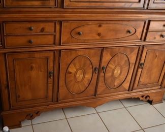 Gorgeous China Display Cabinet withUpper Mirrored and Lighted Display Cabinet with Accent Trim and Buffet Style Bottom with Inlaid Wood in the Sheraton Style with 5 Serving Drawers and 4 lower Cabinet Doors
