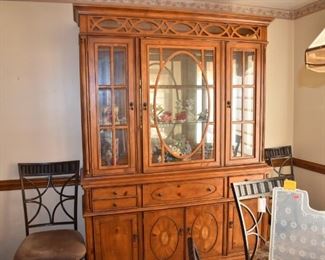 Gorgeous China Display Cabinet withUpper Mirrored and Lighted Display Cabinet with Accent Trim and Buffet Style Bottom with Inlaid Wood in the Sheraton Style with 5 Serving Drawers and 4 lower Cabinet Doors