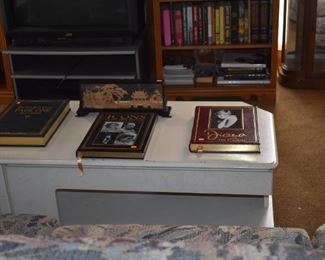 Very nice quality Coffee Table with glass Oriental Case of Village Scene and large Quality Coffee Table Books of "Icons of the 2oth Century", "Diana the Portrait" and "The New York Times PAGE ONE 1851 - 2002".