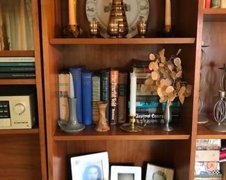 Large selection of books, frames, vases and nice set of Mobel Fakta Mid-Century Modern Bookcases.