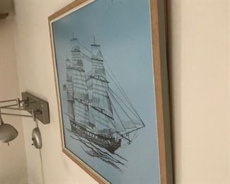 Framed etching of ship.