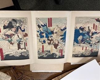 Triple Japanese block print by Yoshitoshi