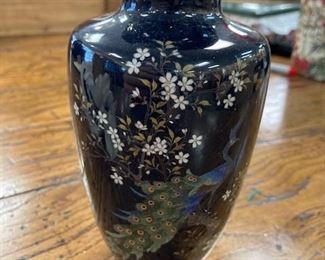 Japanese vase with peacock and silver rim & wire