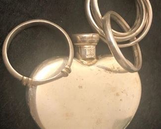 Sterling perfume flask and rings