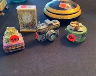 Print Main Limoges boxes:  Camera $50 Shoes $20. Stacked boxes $40. Halcyon Days enamel Clock $75