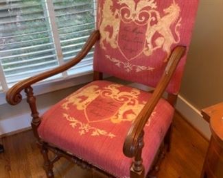 Southwood throne chair with Armorial Pattern upholstery $400
