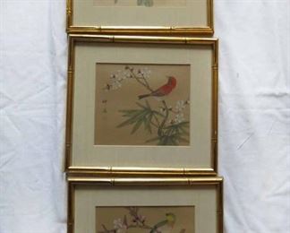 $80.00  Set of three Chinese Hand Painted on silk framed art pieces.. Each are 10 1/2" x 9 1/2"