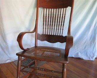 Another View of Vintage Carved Wood Rocking Chair Woven Cane Seat