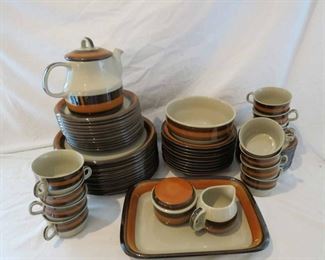  59 pieces. Rorstrand Sweden "Annika" dinnerware designed by Marianne Westman in 1969. 1 Teapot, 1 Sugar, 1 Creamer, 1 Tray, 1 Serving Bowl, 11 Coffee Cups, 11 Saucers, 10 Bowls, 11 Salad/Dessert Plates, 11 Dinner Plates.. Pristine Condition. NO Chips or Cracks..