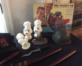 vintage Kentucky fried chicken banks , model kit never built. Army helmet WW2