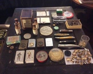 Small collectibles, pocket knives, bowling high score pins, lighters, medicine bottles, buttons