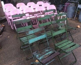 pink metal folding chairs. The green vintage wood and metal is from the st.louis Muny opera in forest park.