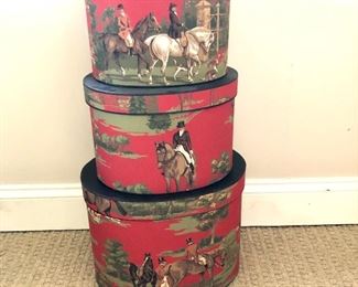 $175 - Set of 3 oval equestrian boxes signed by artist.  Large:  14" W, 11" D, 11: H.  Medium: 12" W, 10" D, 8" H.   Small: 11" W, 9" D, 7.5" H.
